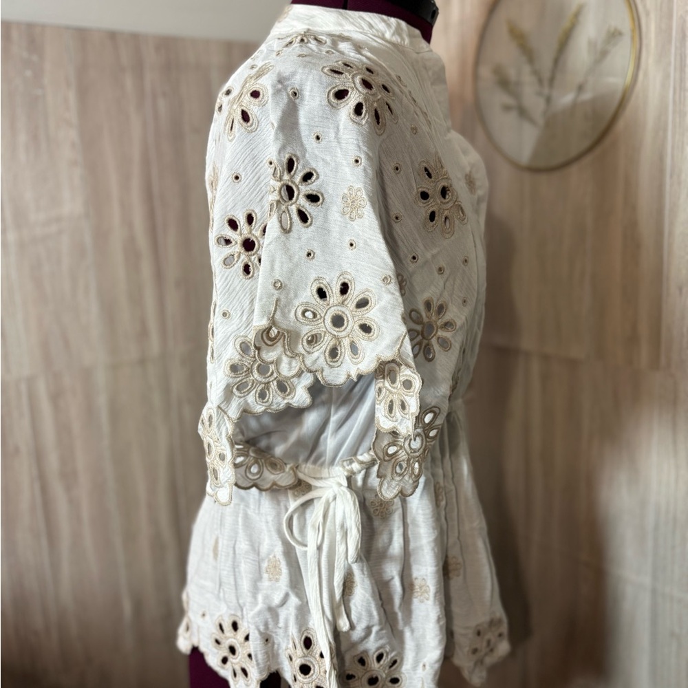 Cato White Eyelet Embroidered Peasant Tunic with Beige Accents - Picture 7 of 11